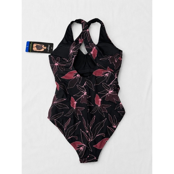 Eddie Bauer Other - Eddie Bauer Ruched Shaping One Piece Swimsuit Floral Black Pink UV Protection L